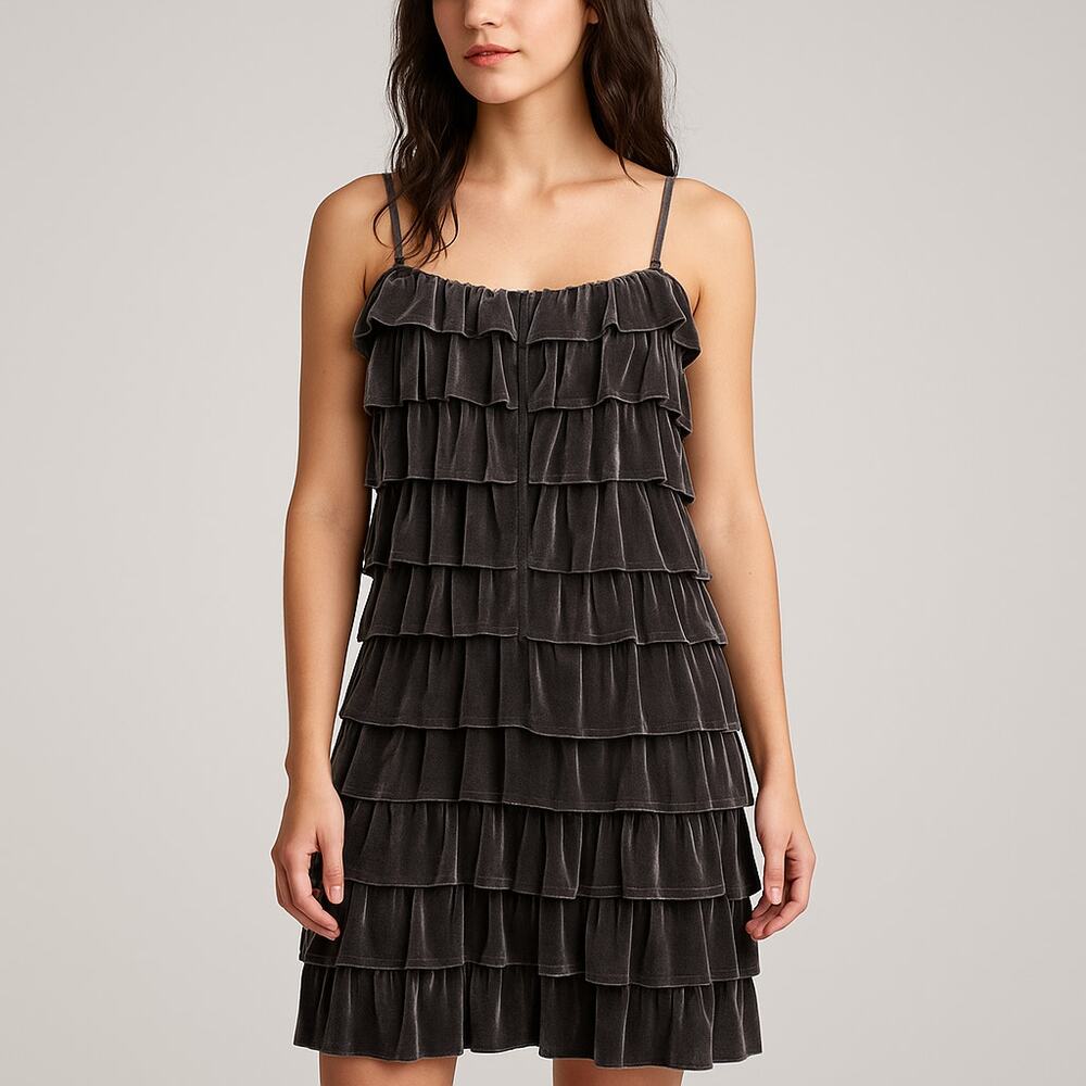 Bailey 44 Gray Velvet Silk Chiffon Tiered Ruffle Dress Whimsigoth Romantic Glam
